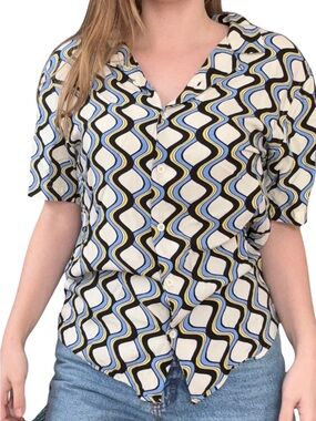 Earthbound Button Down Short Sleeve Blouse W/ Groovy 70s Design